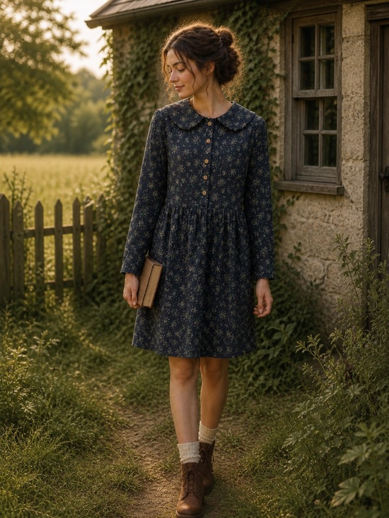 Tina Dresses & Skirts - Navy/white floral dress S/M Peter Pan collar button down bodice cottage core